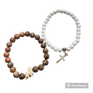 Bundle of two ceramic beaded bracelets, cross charm